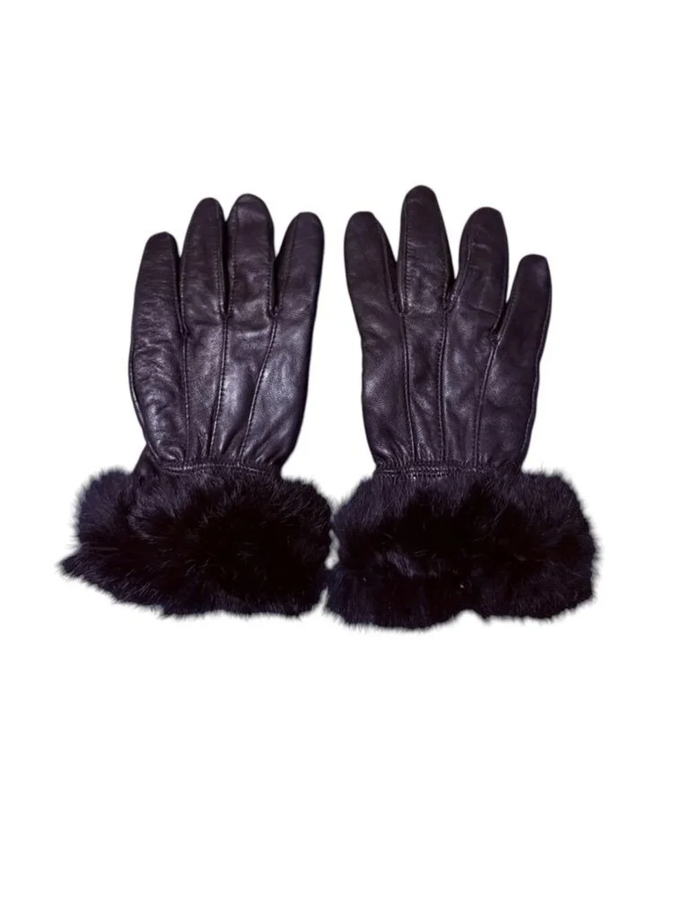 Leather Fur Trimmed Gloves Black Women M EUC Classic Winter Glam EUC